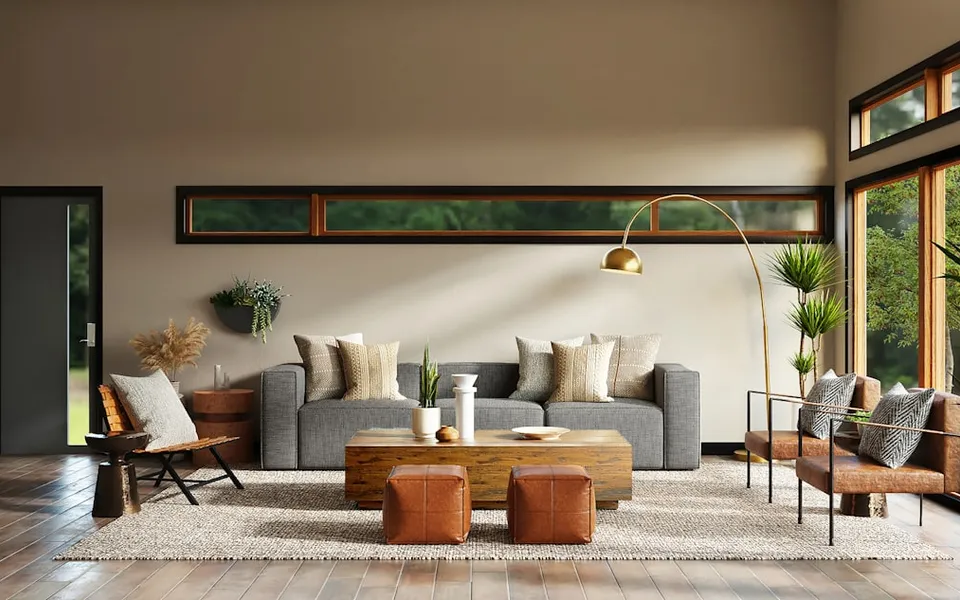 Model desain interior living room dan dining open space modern