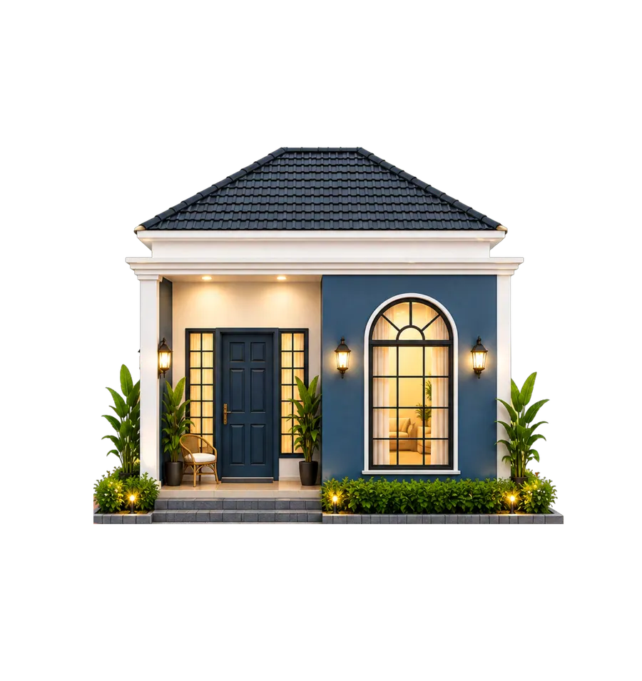 Render fasad rumah Cakrawala Nawasena bergaya modern dengan dinding navy dan pencahayaan hangat