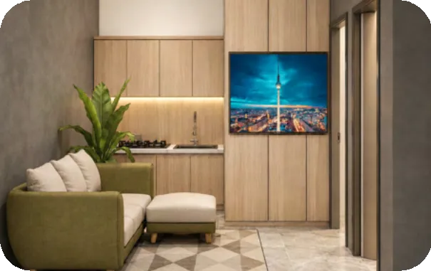 Interior ruang tamu dan pantry rumah Cakrawala Nawasena dengan sofa hijau dan kabinet kayu