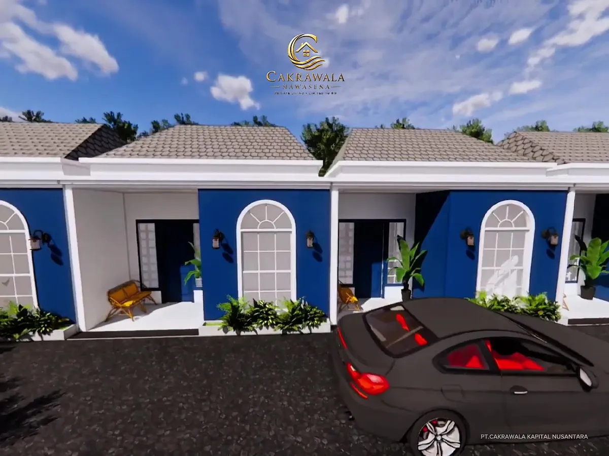 Cuplikan video tur kawasan rumah Cakrawala Nawasena, fasad biru navy dengan halaman parkir